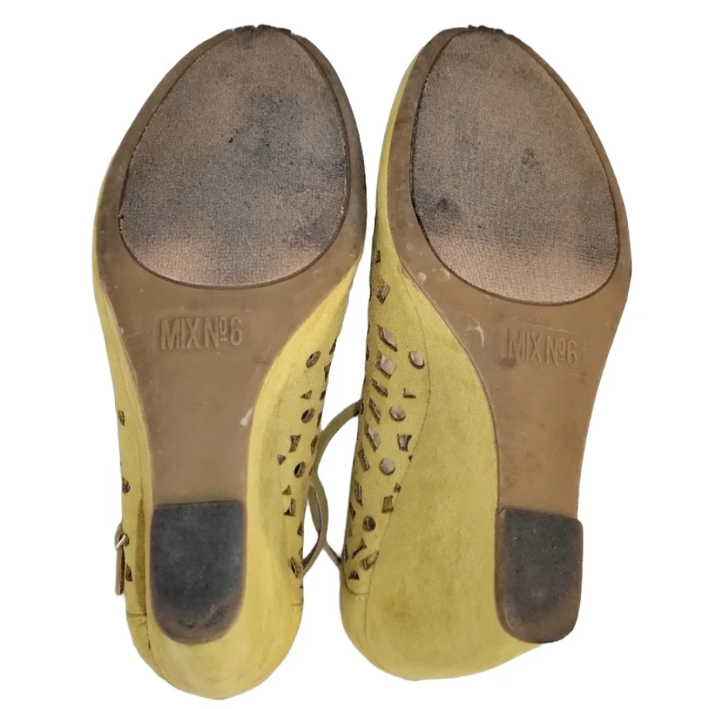 Mix No 6 Yellow Suede Laser-Cutout 4 Inch Wedge Heels Size 8 1/2